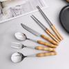 Creative Bamboo Handle Stainless Steel Cutlery Set: Round Spoon, Pointed Spoon, Fork, Knife, Chopsticks - Perfect for Home or Restaurant Use