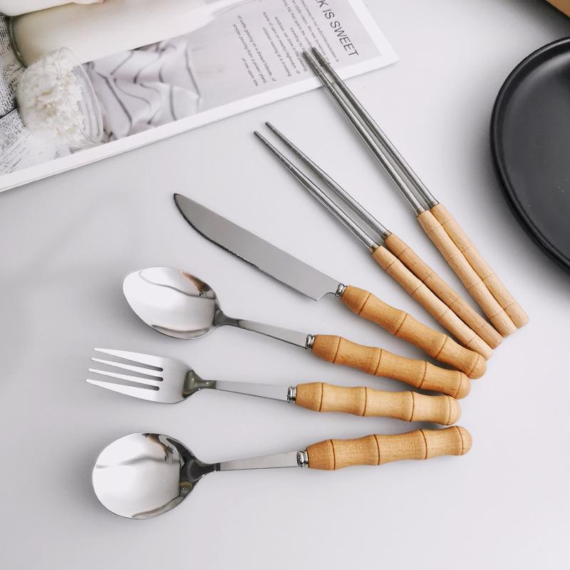 Creative Bamboo Handle Stainless Steel Cutlery Set: Round Spoon, Pointed Spoon, Fork, Knife, Chopsticks - Perfect for Home or Restaurant Use