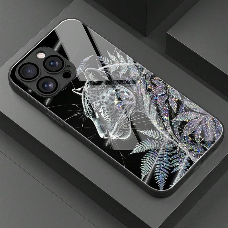 Cool Leopard Animal Print Tempered Glass Material Black Phone Case For Samsung Galaxy S25 S24 S23 Ultra Plus FE Hard Cover