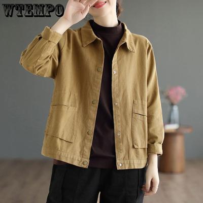 Women Casual Short Jackets Autumn Vintage Style Solid Color All-match Loose Female Cotton Outerwear Coats