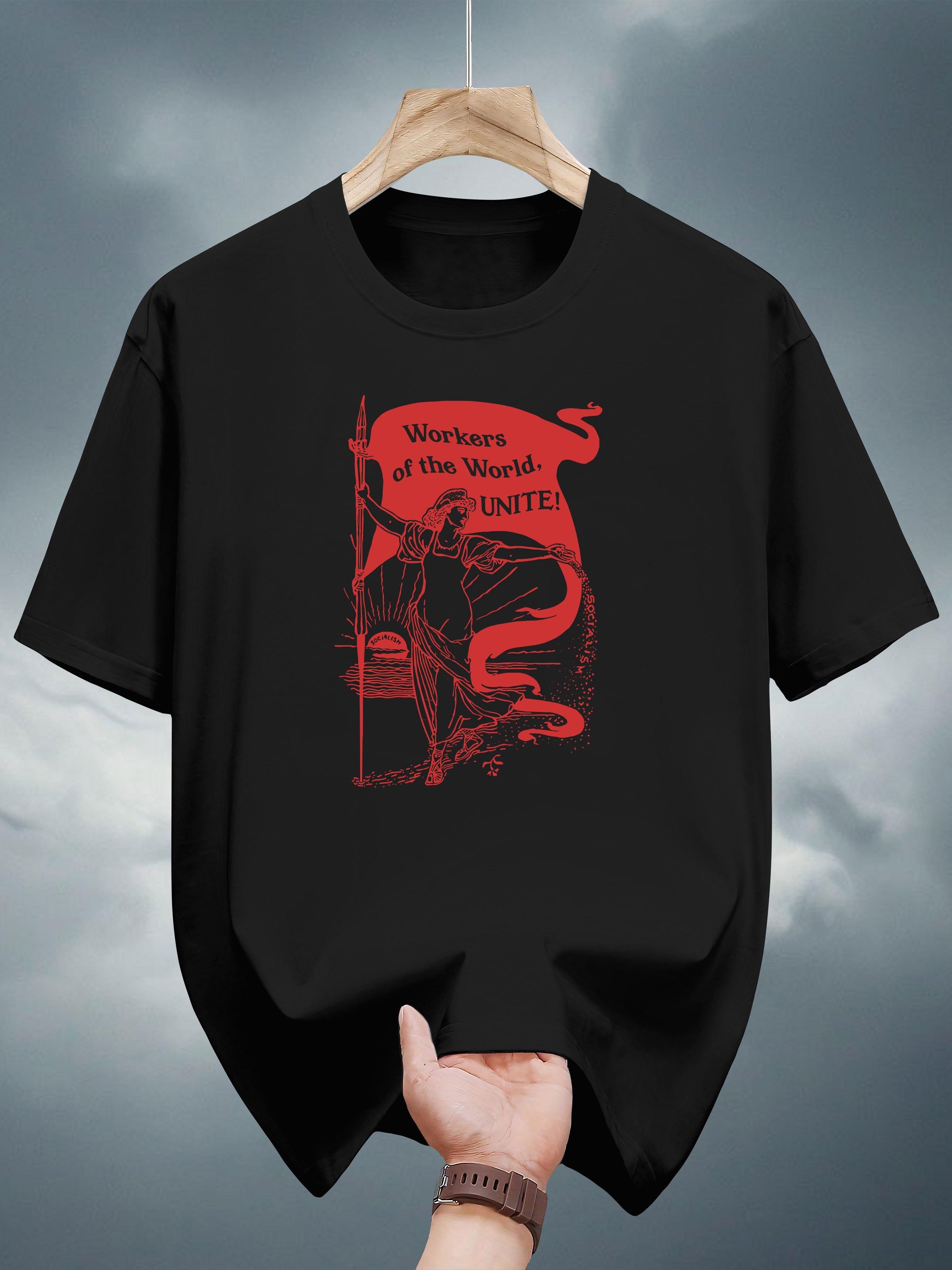 200g 100% Cotton Graphic Print Short Sleeve T-shirt -  Workers of the World Unite  Design S