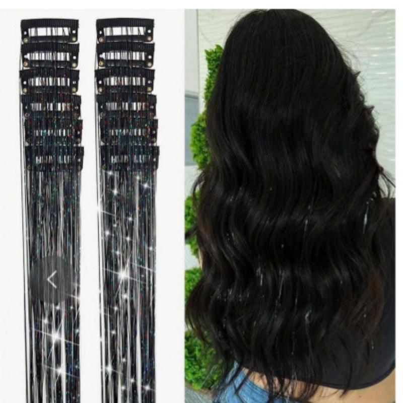 12pcs Clip-in Hair Extensions – Holographic Rainbow Straight Hair Pieces with Gold Thread, Heatless Colorful Highlights for Festival & Party