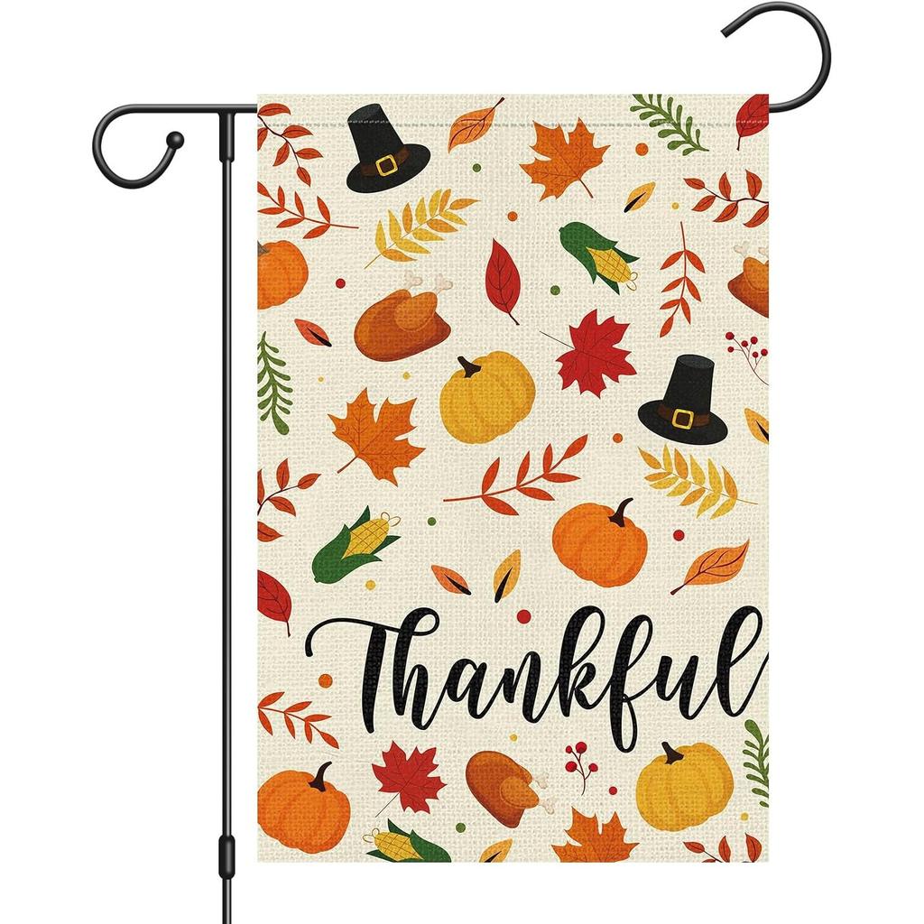 Thankful Pumpkin Garden Flag Vertical Double-Sided Fall Maple Leaves Yard Flags for Thanksgiving Day Harvest Seasonal Outdoor Decoration(ONLY FLAG)