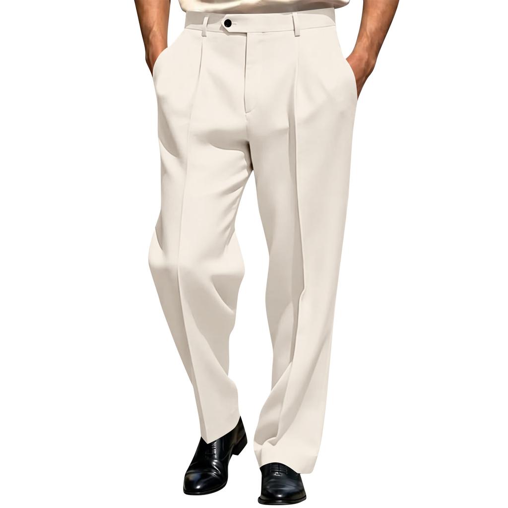 Pantaloni Eleganti da Uomo a Colore Unito Vestibilità Classica Davanti Pieghe Pantaloni Business Casual Adatti per Ufficio e Occasioni Formali