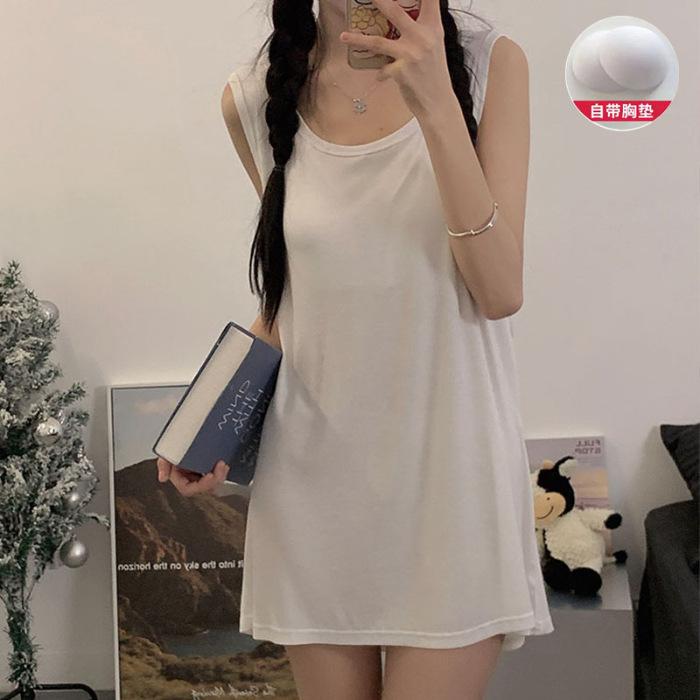 

Summer new solid color medium and long nightdress women s chest pad human cotton comfortable vest skirt loungewear tide M