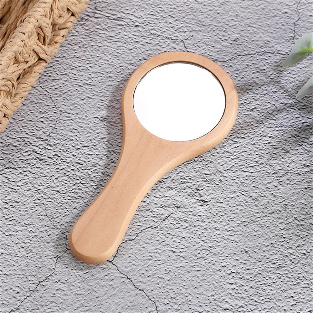 Wooden Hand Mirror Vintage Portable Round Cosmetic Mirror Compact Makeup Vanity Hand Held Mirror Women Travel Mirrors