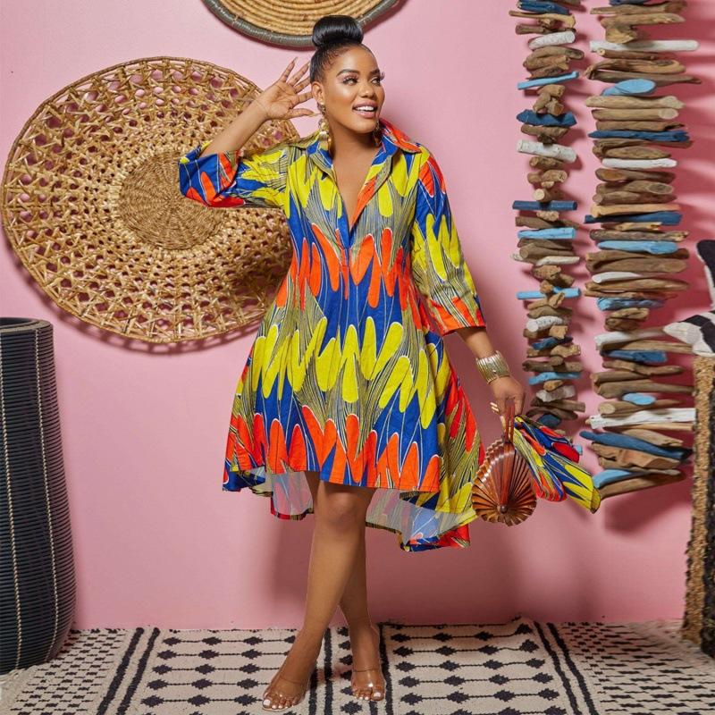 Women's Collar Three Quarter Sleeve Loose Abstract Print Mini Shirt Dress Casual Street A Line Dress