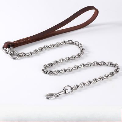 Cowhide Handle Stainless Steel Leash Medium and Large Dog Chain Anti Biting Leash Dog Chain Dog Chain Solid Leash