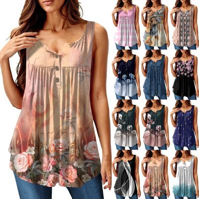 Women's Fashion Solid Color Pleated Sleeveless Casual T-shirt Vest Button Top