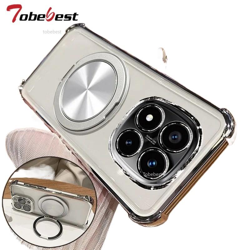 360 Degree Rotating Magnetic Bracket Phone Case For Xiaomi Redmi Note 15 Pro Plus 15C 15 4G 5G Clear Shockproof Plating Cover