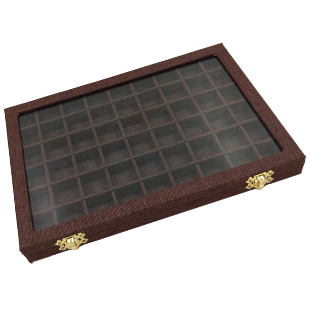 54 Grids Clear Lid Jewelry Tray Showcase Display Storage Linen Case Yellow