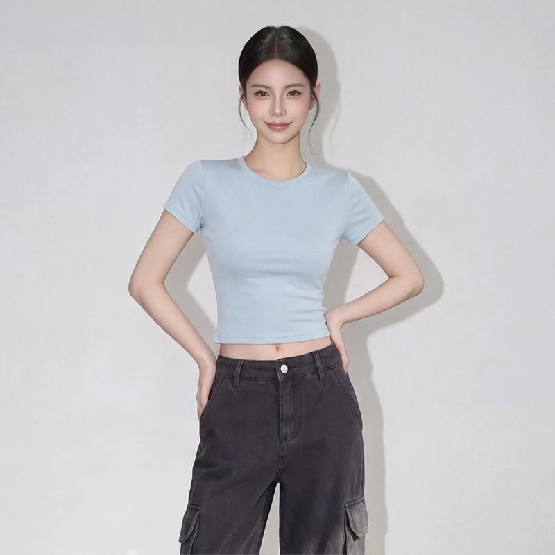 Short front shoulder crew neck T-shirt women's summer minimalist versatile slim fit tight pure desire style American Spice Girl top