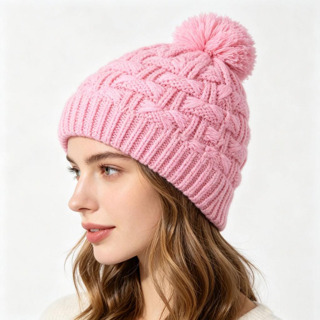 Autumn and winter three-dimensional twisted knitted hat, pink hairball thickened warm wool hat, men's and women's cold-proof pullover hat