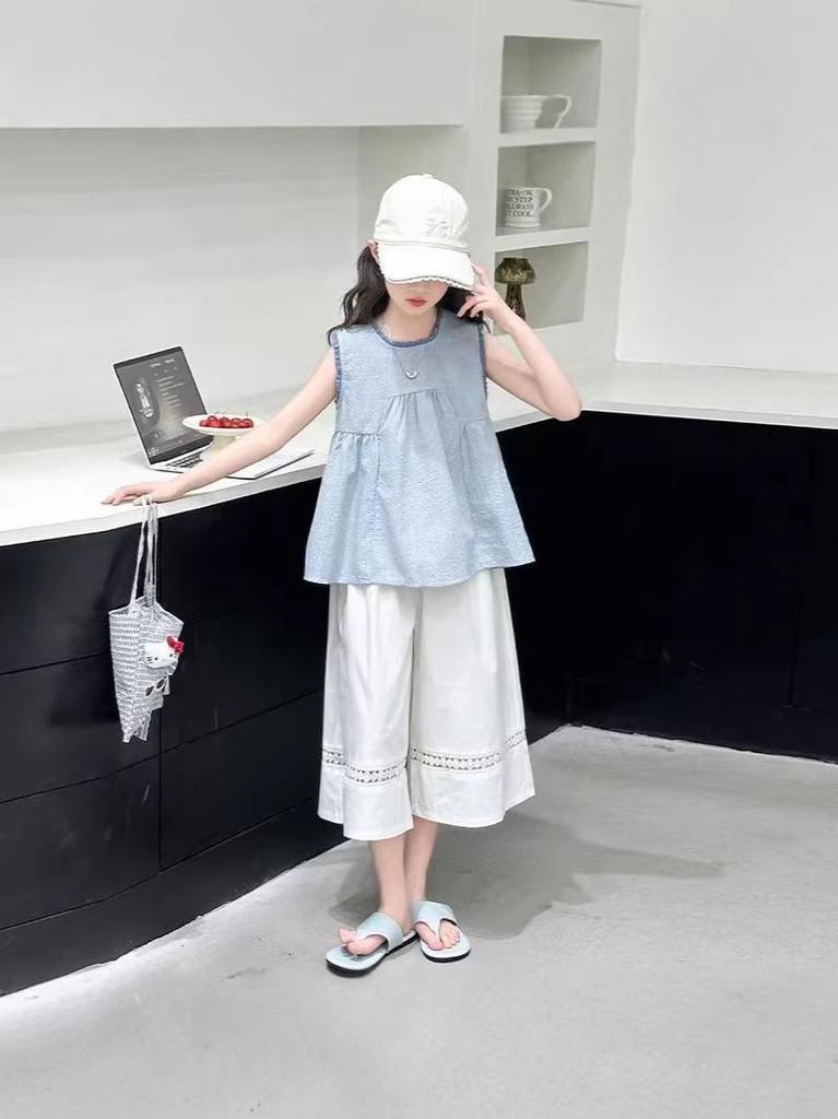 Korean-Style Lace Sleeveless Top & Pants Set - Summer 2026 Girls' Fashion Two-Piece Outfit