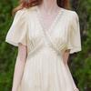 Bailuyu V-Neck Puff Sleeve Slim Fit Long Dress with Beaded Belt