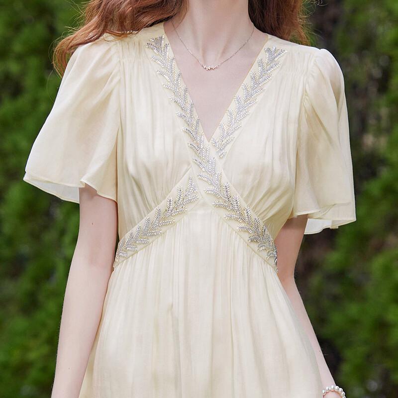 Bailuyu V-Neck Puff Sleeve Slim Fit Long Dress with Beaded Belt