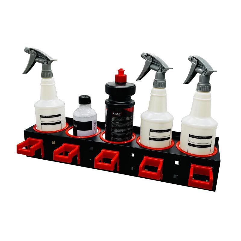 Wall-Mounted Spray Bottle Rack with 5 Holes & Hooks for Garage Storage