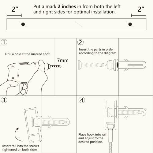Picture Rail Wall Mounting System (Concealed Type) ? Art Display Rail Set (4 x 60cm Rails, 4 x 2m Wire Hooks, Mounting Hardware, and Track Caps)