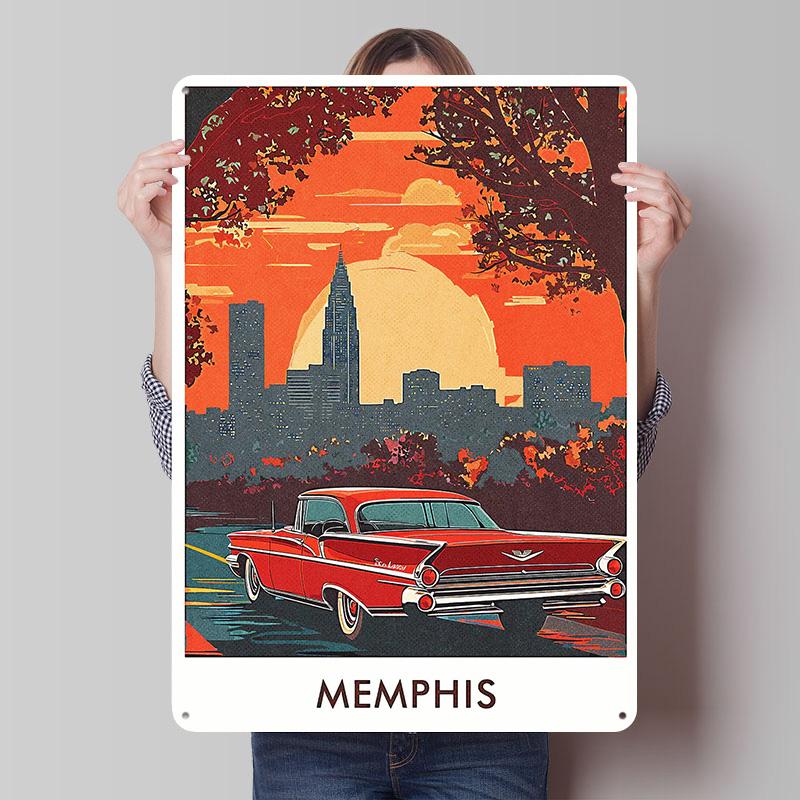 

Memphis Cityscape With Classic Car Tinplate Poster Customized Wall Art Vintage Metal Signs Retro Tin Plaque for Gamer Decoration 7.9x11.8In(20x30cm)