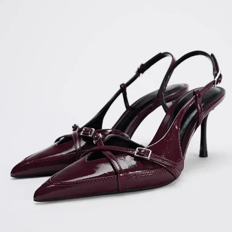 Fashion Elegant Metal Buckle Women Pumps Sexy Pointed Toe Slingbacks Thin High Heels Sandals High Quality Leather Luxury Designer Heels