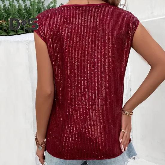 Camiseta de mujer con cuello redondo, sin mangas, holgada, con lentejuelas brillantes, informal, de corte regular, para uso diario