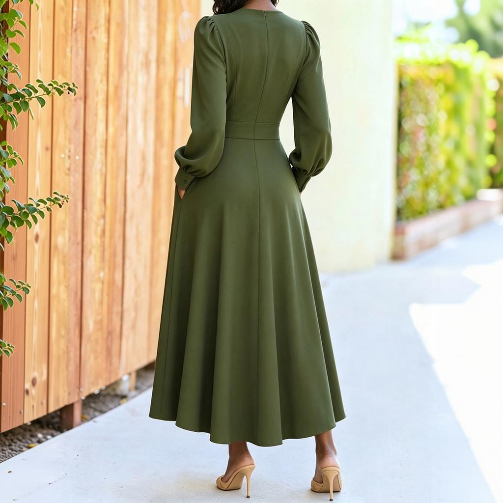 Women's Sleeve V-Neck Slim Fit Swing Dress with Pockets and Cinched Waist