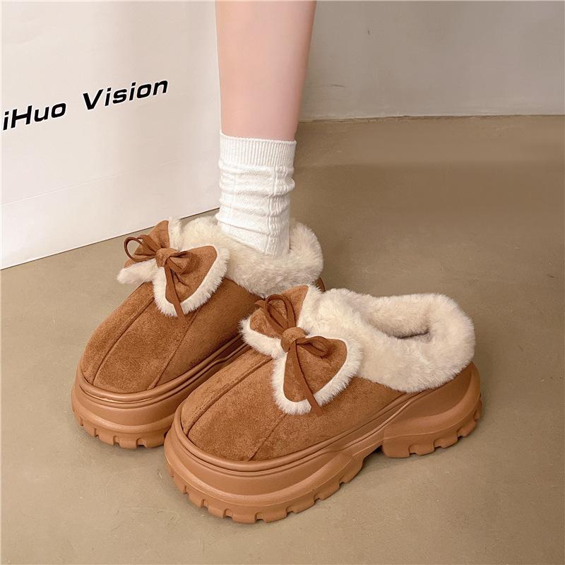 Cotton slippers women's winter fashion bow bag head velvet warm indoor and outdoor wear heightened thick bottom fluffy slippers