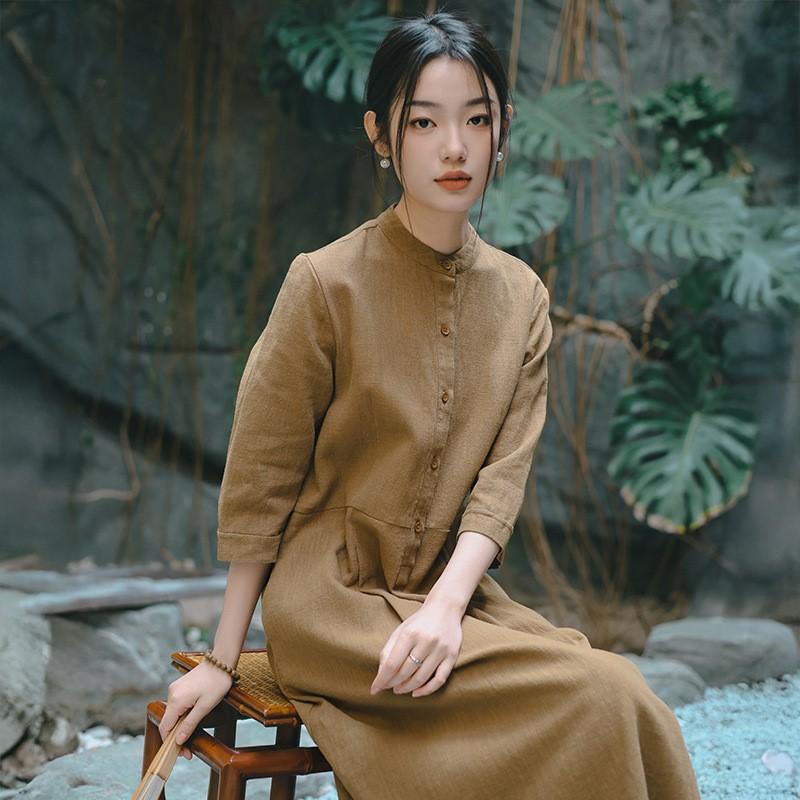 Johnature Women Vintage Spring Seven Sleeve Stand Button A-Line Pockets Women Dresses