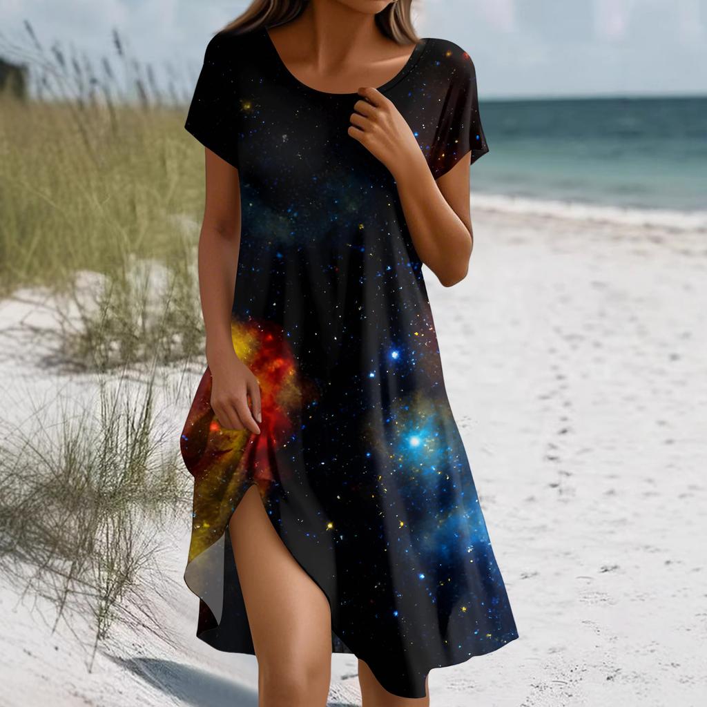 Damenmode Kurzarm Boho-Print Kleid Mit Taschen