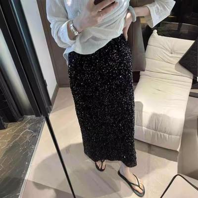 2025 High Waist Sequined Midi Skirt with Elastic Back Slit for Women