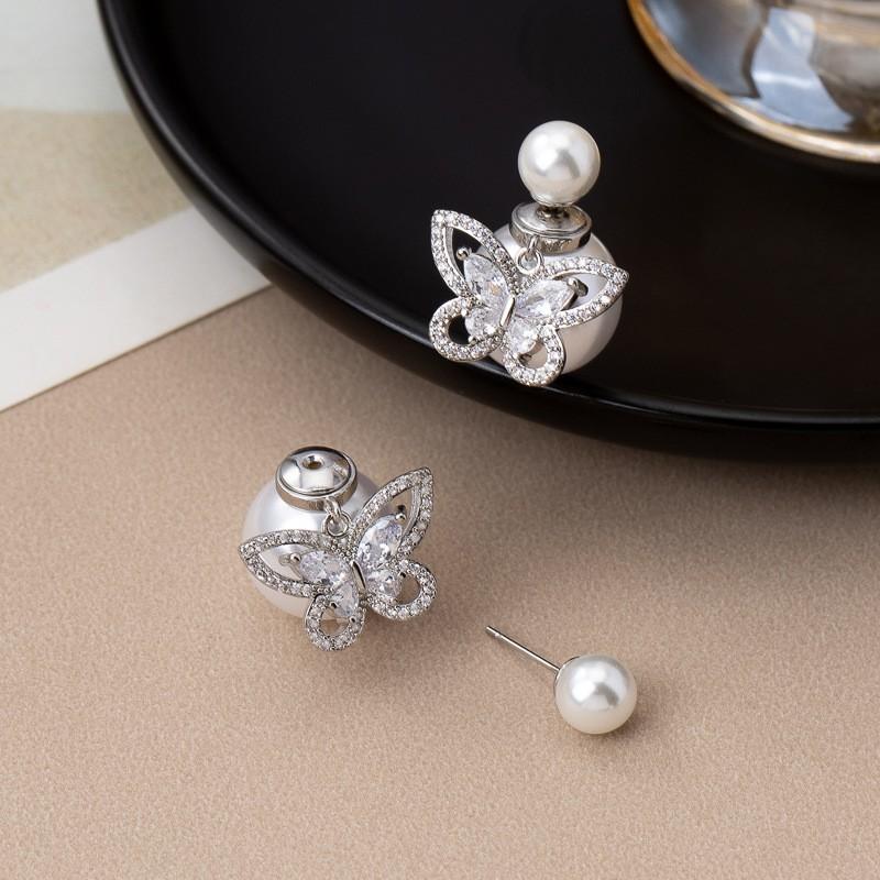 Elegant French Chic Zircon Pearl Earrings Women Dual-Wear Front Back Design Sterling Post Geometric Shape
