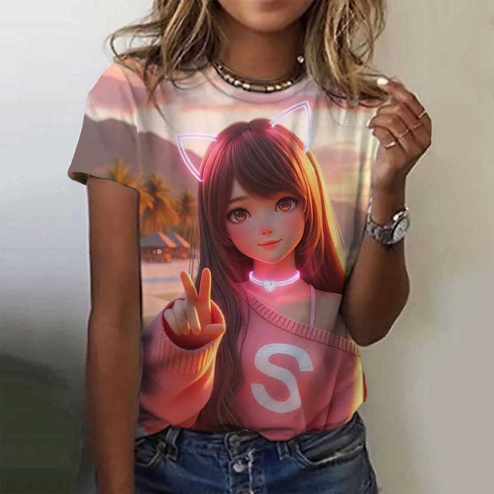 Stampa Cartone Animato Bambina Carina T-shirt da Donna Estate Nuove Maniche Corte T-shirt Moda Larga Street Scollo a O Abbigliamento Donna Top