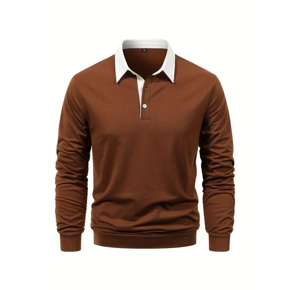 Long Sleeved Lapel Button Men's Casual Top Polo Shirt