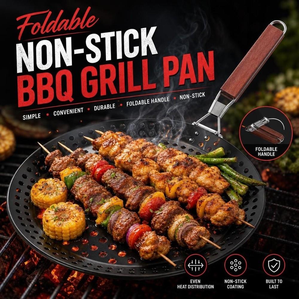 Folding Non Stick Grilling Skillet Round Wooden Handle Barbecue Plate Hollow Heat Resistant Outdoor Grill Topper Hiking Cooking
