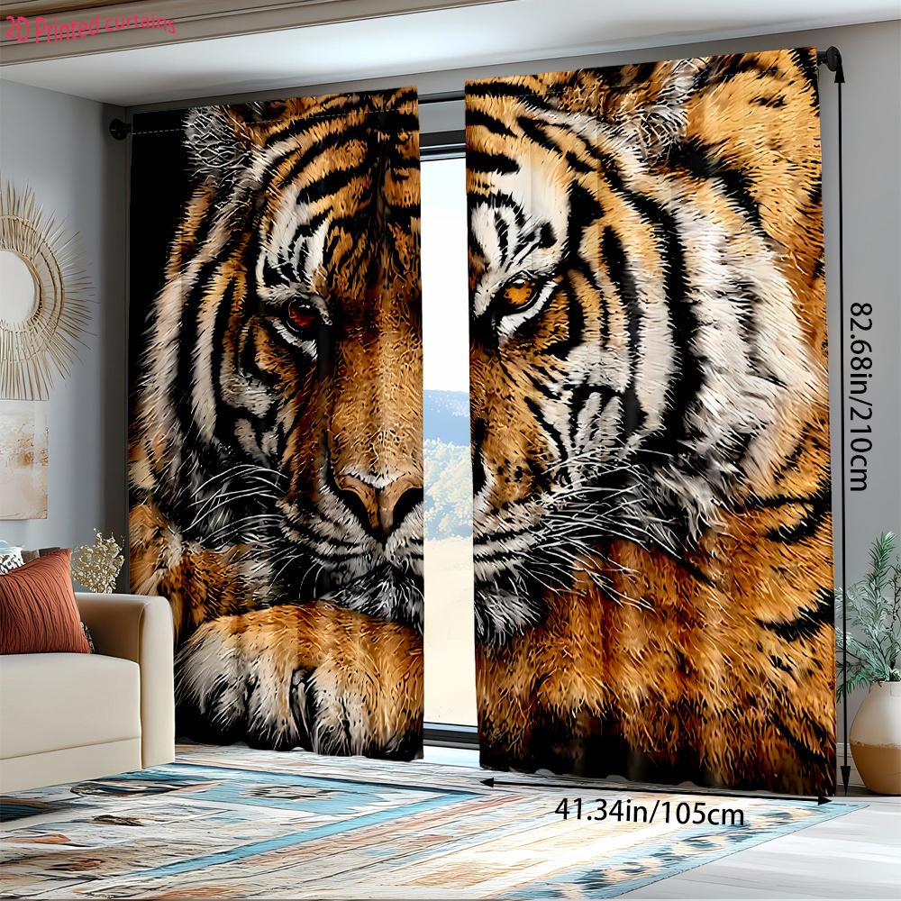2Pcs Polyester Tiger Themed Patterned Printing Window Curtains Birthday Party Decoration Backdrop Drapes for Living Room