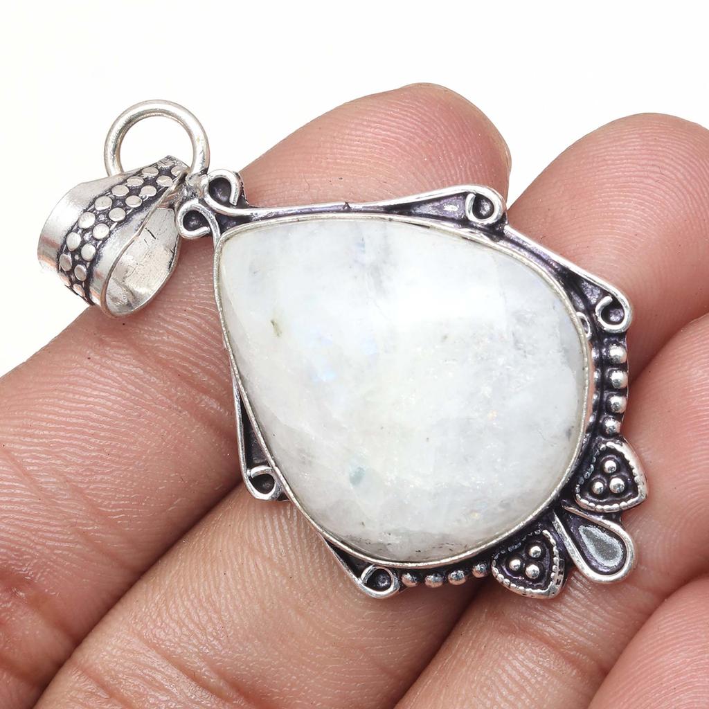 Pendant Moonstone Cabochon Gemstone Valentine'Day Ethnic Silver Jewelry 2"