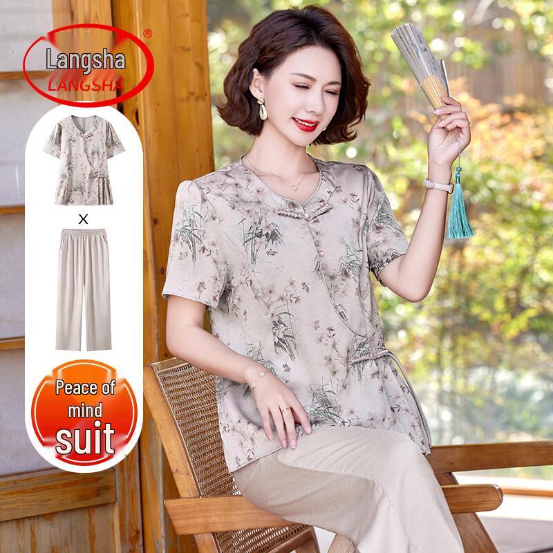 LangSha Women s New Chinese Style Summer T-shirt & Wide-Leg Pants Set 3XL