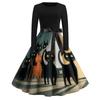 Women Vintage Halloween Print Long Sleeve Crew Neck Dress with Belt Retro Casual Fit and Flare Midi Dress for Holiday Party