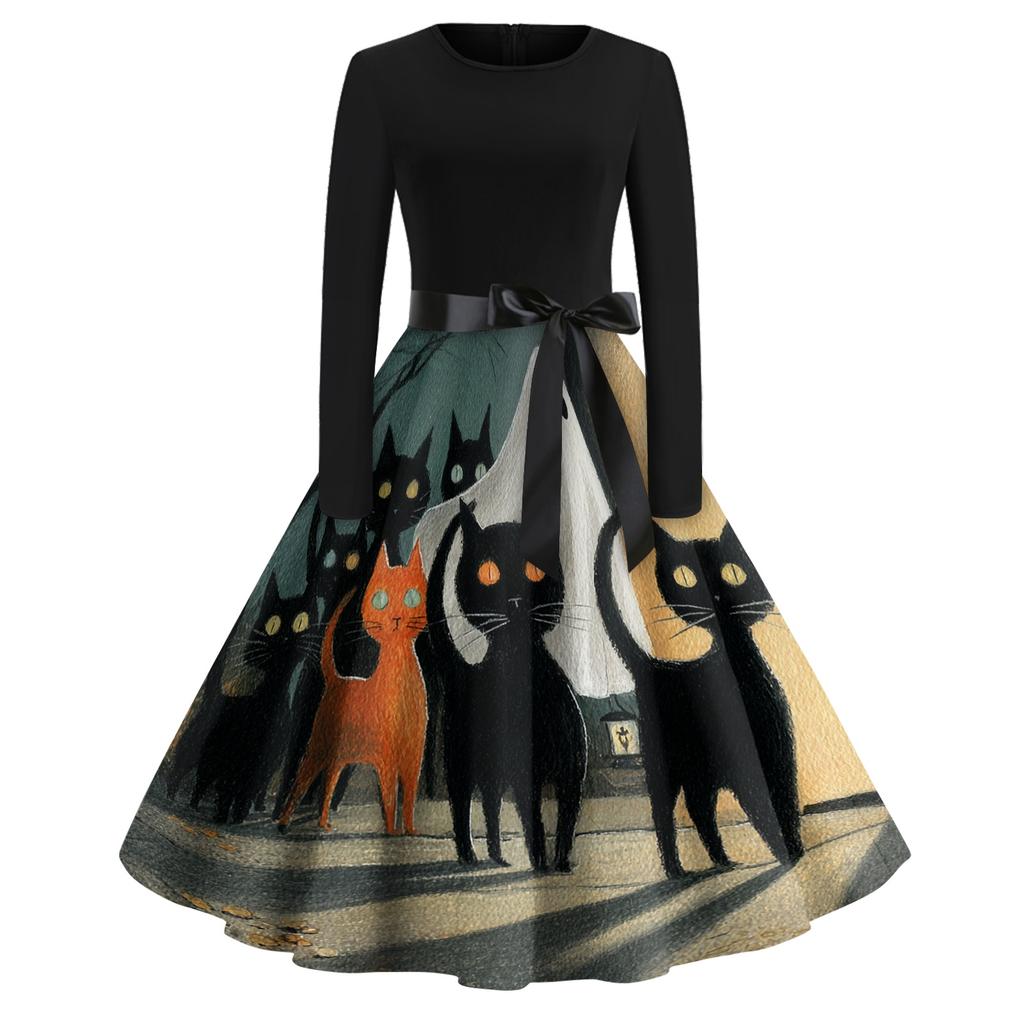 Women Vintage Halloween Print Long Sleeve Crew Neck Dress with Belt Retro Casual Fit and Flare Midi Dress for Holiday Party