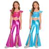 Dívčí třpytivý metalický taneční outfit s flitry Čtvercový výstřih Nabírané rukávy Crop top Rozpark zvonové kalhoty Lesklé kalhoty
