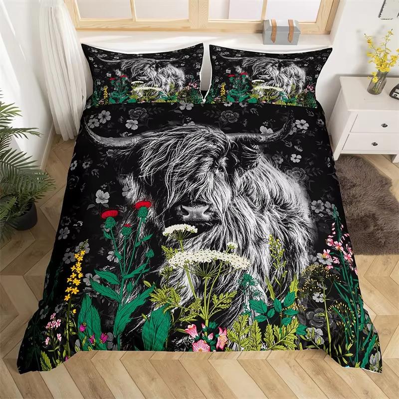 Highland Cow Duvet Cover Western Farmhouse Animal Bedding Set Microfiber Farm Bull Cattle Floral Comforter Cover Twin King Size