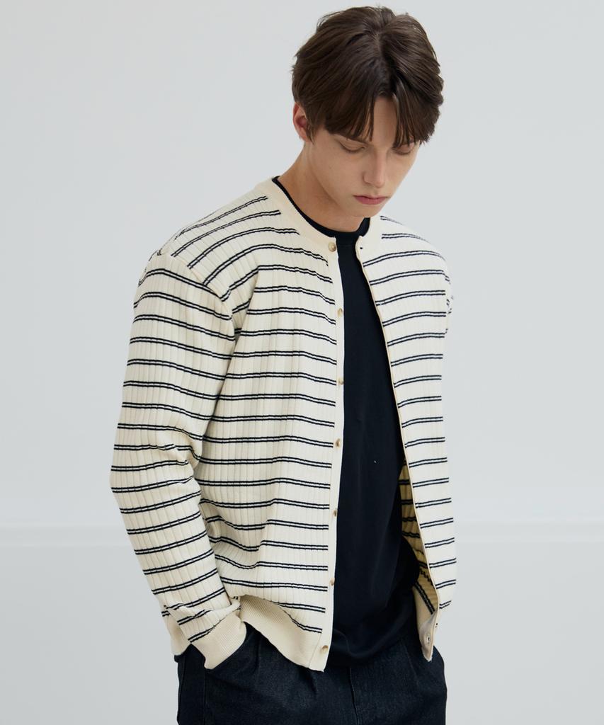 Nodu Block Stripe Round Knit Cardigan [Ivory]