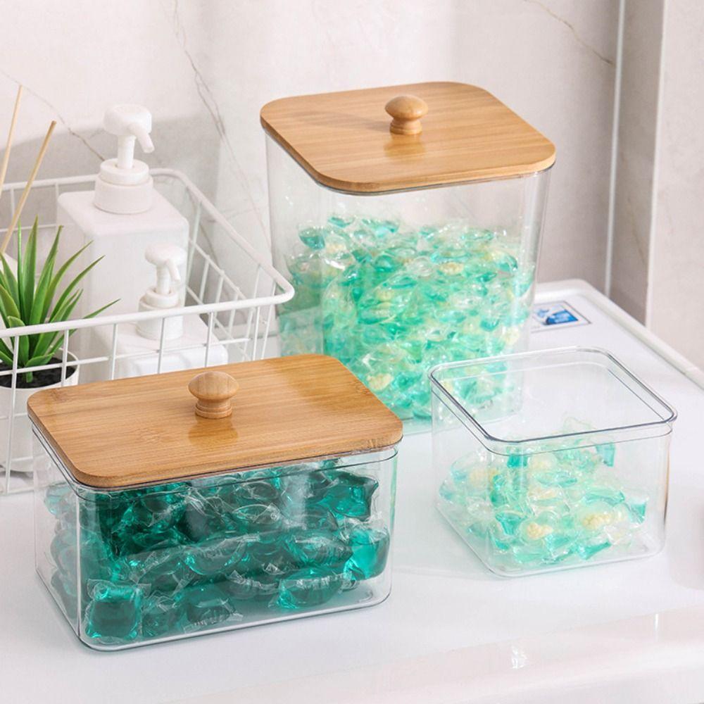 Transparente Waschpulver-Aufbewahrungsbox mit Bambusdeckel Multifunktionaler Wattestäbchenhalter Acryl-Waschküchen-Organizer Gläser