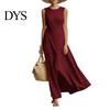 Simple Dress Women's Sleeveless Cotton Linen Dress, Casual Irregular Hem Crew Women Neck Long Summer Loose Beach Vacation Sundress Fit