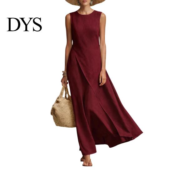 Simple Dress Women's Sleeveless Cotton Linen Dress, Casual Irregular Hem Crew Women Neck Long Summer Loose Beach Vacation Sundress Fit