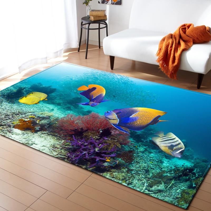 Ocean Corals Living Room Area Rug Fish 3D Carpets Boys Bedroom Play Rugs for Children Room Flannel Kitchen Mat Doormat Entrance