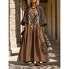 Women V Neck Printed Maxi Dress Long Sleeve Open Front Kimono Cardigan Two Piece Set Bohemian Vacation Wear