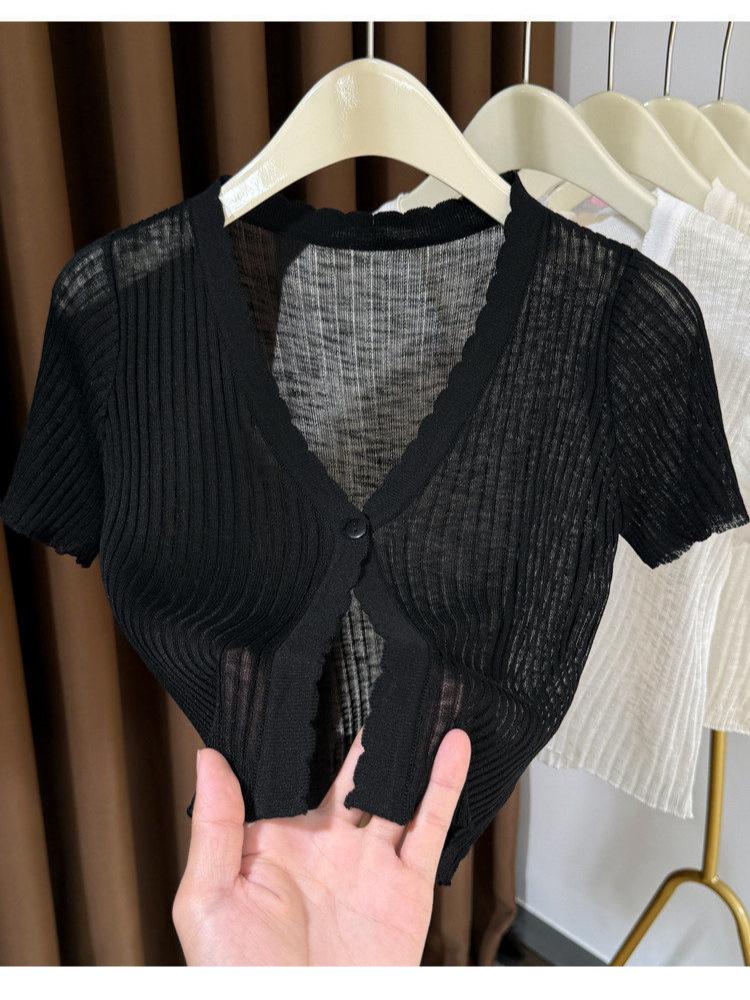 French Ice Silk Sun-Protective Knit Short Sleeve Shawl Cardigan for Women - Summer 2026