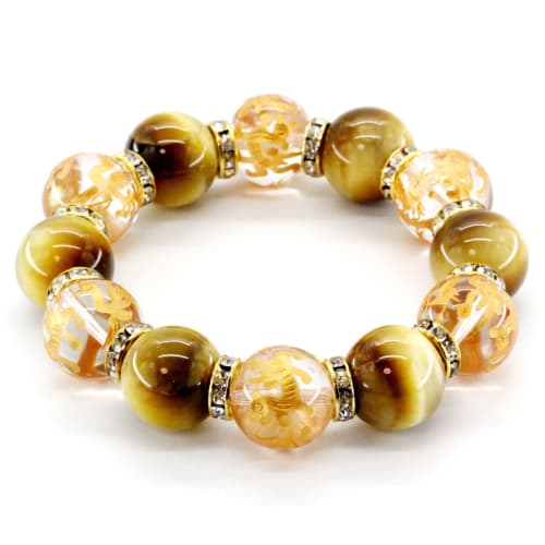 Ishiki Golden Tiger Eye 16mm Four Gods Crystal Bracelet for Men, Paulownia Wood Box Included, B062