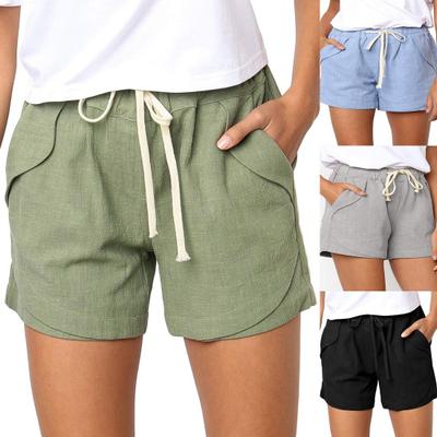 Women Loose Shorts Casual Drawstring Elastic Waist Solid Color Shorts Beach Wear